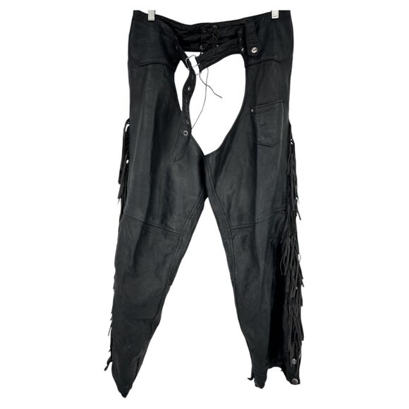 Allstate Leather chaps Black Fringe Size XL unisex lined buffalo - Picture 1 of 16